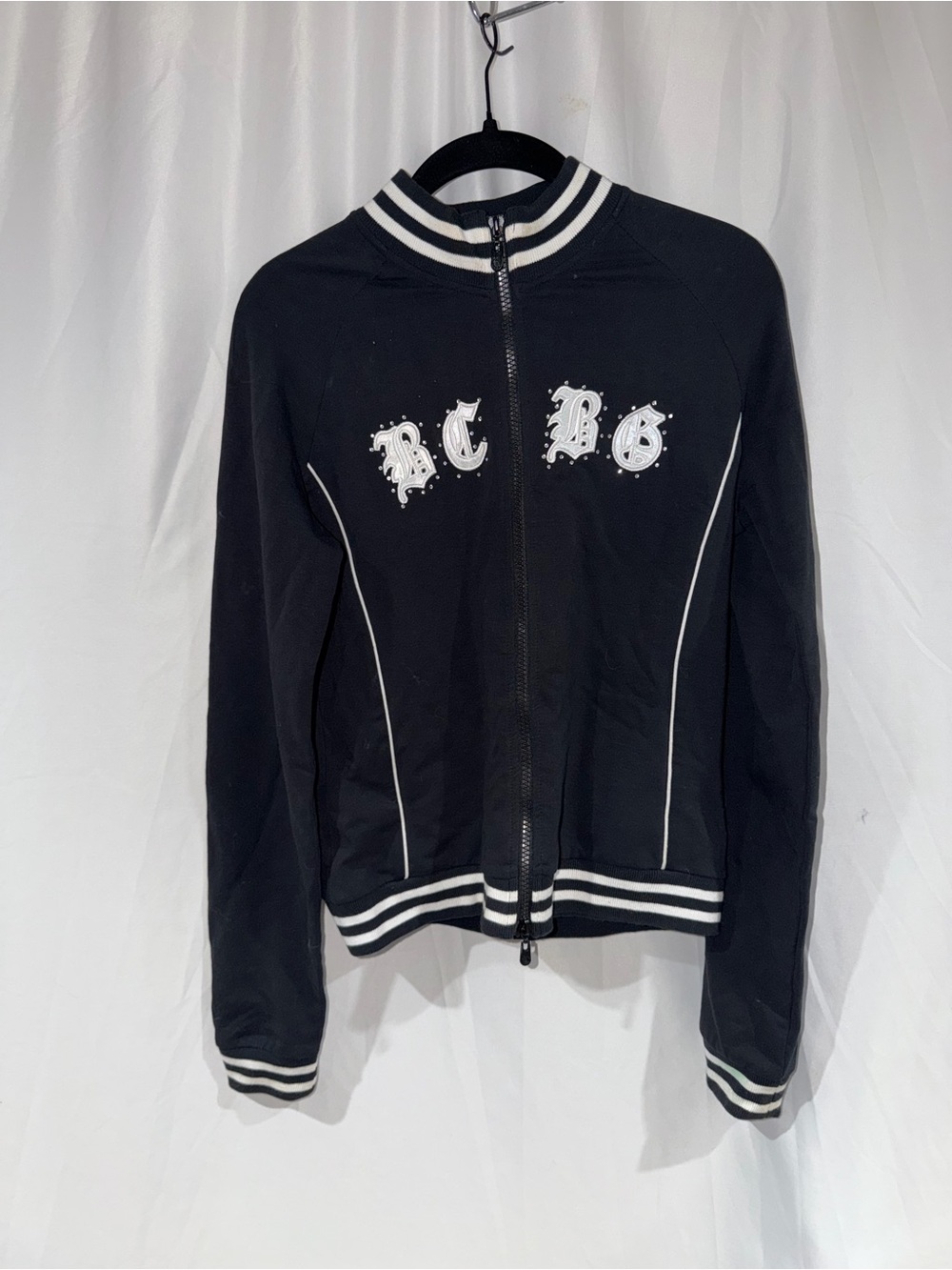 BCBGMaxAzria Jacket Black Zip Front Bomber Jacket White Trim Bling Rhinestone M